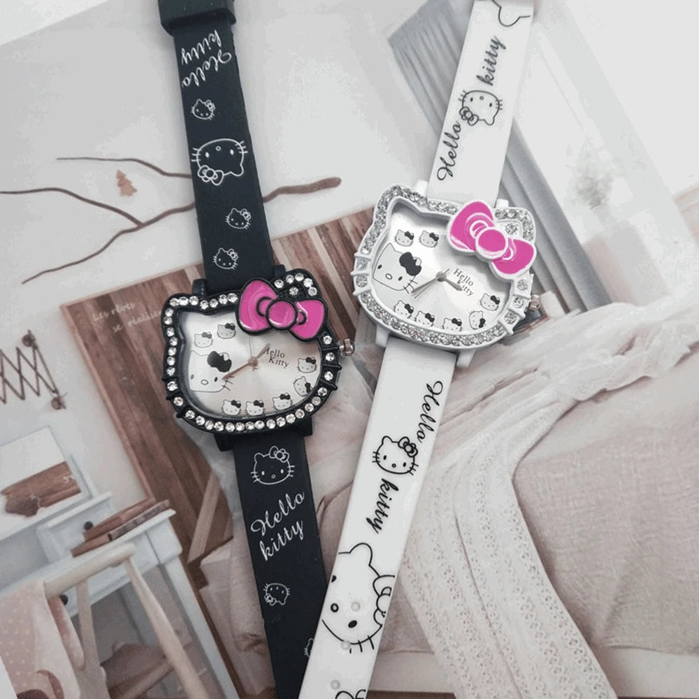Hello Kitty Children's Cartoon Cat Head Student Electronic Silicone Diamond Bow Quartz Watch Party Kids Girls Gifts
