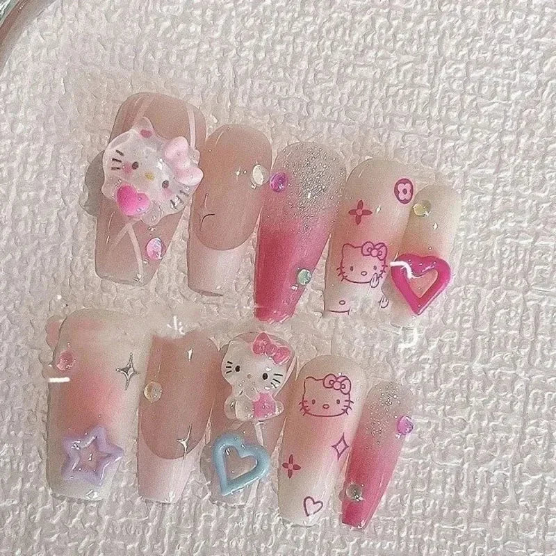 Hello Kitty Press-On Nails –  Cat Eye Shiny Wearable Nail Set – Reusable Handmade Cartoon Nail Art for Women
