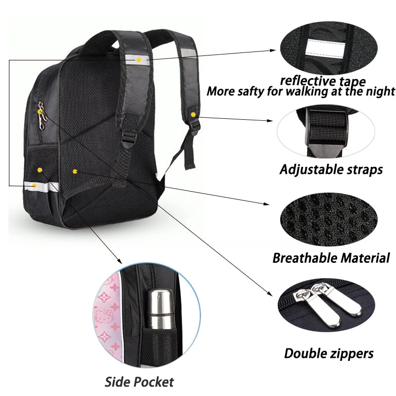 16-inch cartoon children's backpack, unisex, large capacity, double zippered pockets, ergonomic back support, Hello Kitty-theme
