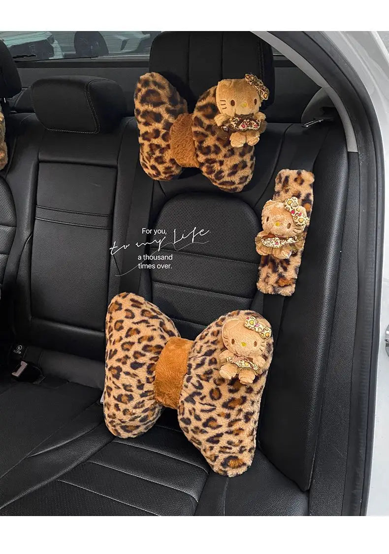 Hello Kitty Car Headrest Neck Pillow Seat Leopard Print Cushion Car Accessory for Girls Car Pillow Lumbar Support Accessories