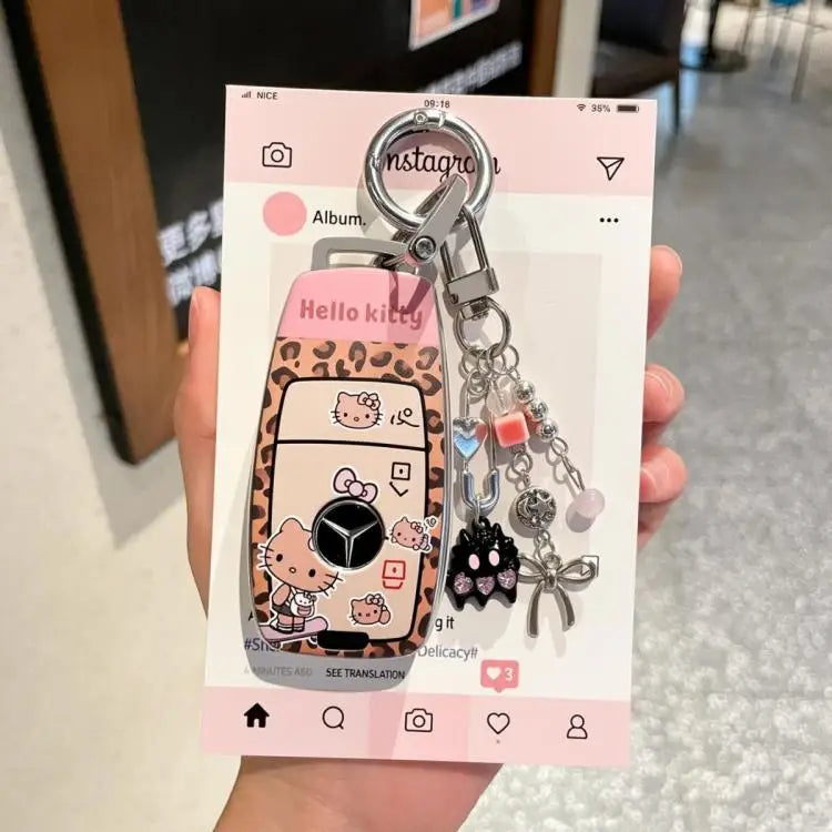 Sanrio Car Key Shell Leopard Print Key Storage Hello Kitty Leopard Print Cartoon Key Chain Cute Car Decoration Accessories Gift