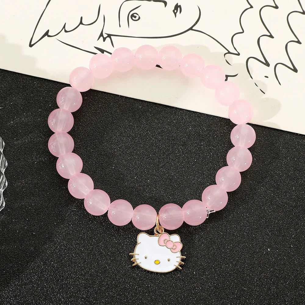 Hello Kitty Pink Glass Beaded Bracelet - Cute Cat Charm Pendant, Elastic Crystal Beads, Kawaii Jewelry Gift for Girls & Fans
