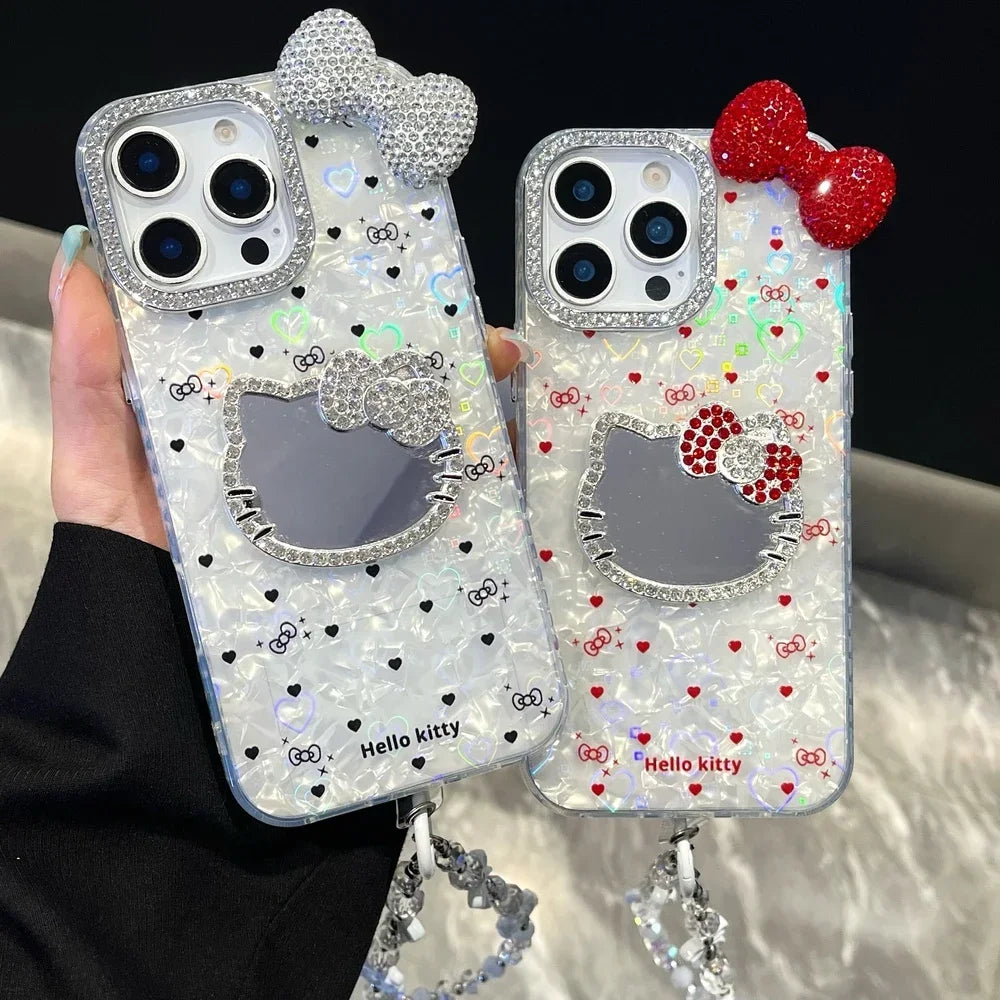 Hello Kitty 3D Bling Glitter Mirror Phone Case – Sparkly Hard Cover for iPhone 11, 12, 13, 14, 15 & 16 Pro Max