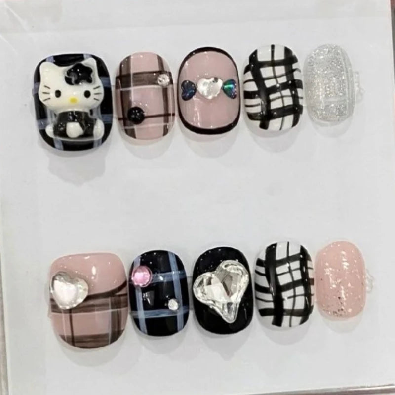 Hello Kitty Handmade Press-On Nails – Pink My Melody & Cinnamoroll Anime Nails – Detachable 3D Nail Art Decoration Set