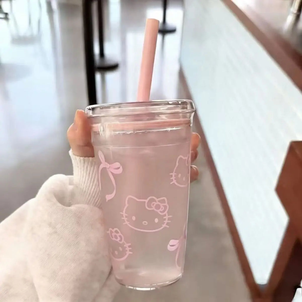 Anime Hello Kitty Pink Straw Cup KT Cat Large-Capacity Transparent Plastic Water Cup Kawaii Plastic Portable Cup Birthday Gifts