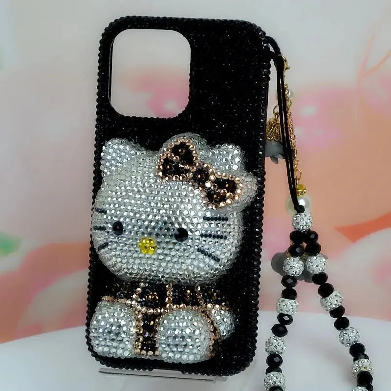 Hello Kitty Rhinestone Bling Crystal Phone Case Chain For iPhone17 16 15 14 13 12 11Pro Max X Xs XR 7 8 Plus Transparent Bumper