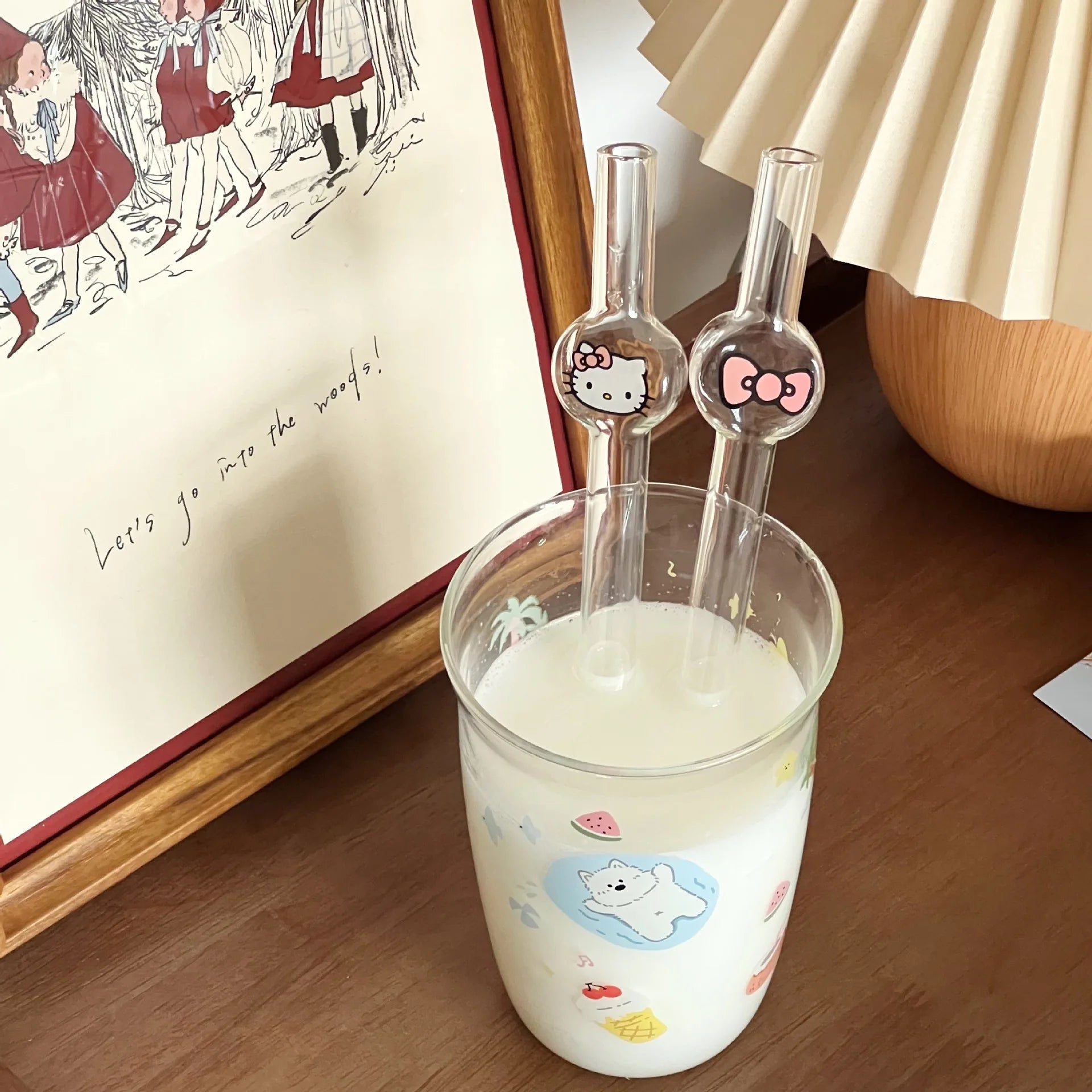 Hello Kitty Anime Ins Style Cute Cartoon Student Glass Straw KT Cat Creative High-value Household Thick Drinking Accessory Gifts