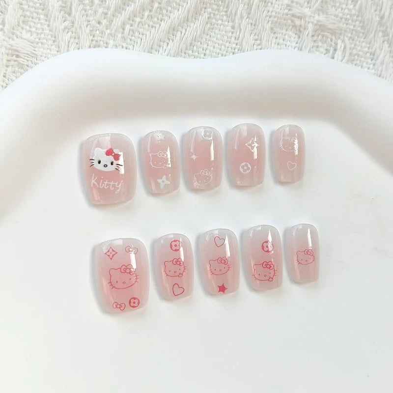 10Pcs Hello Kitty Press-On Nails – Cat Eye French Short False Nails – Handmade Wearable Manicure Nail Tips Set for Girls