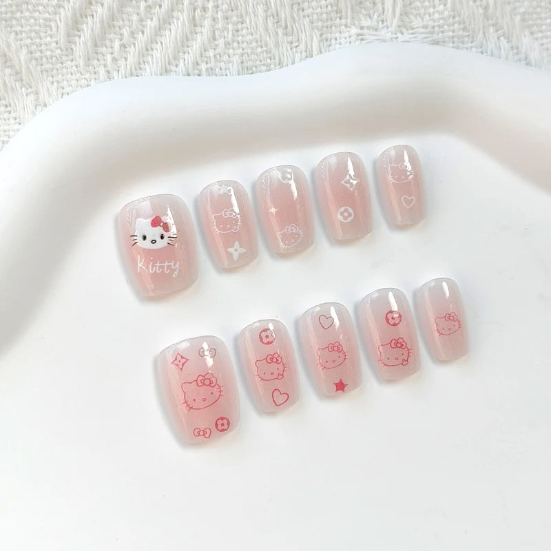 10Pcs Hello Kitty Press-On Nails – Cat Eye French Short False Nails – Handmade Wearable Manicure Nail Tips Set for Girls