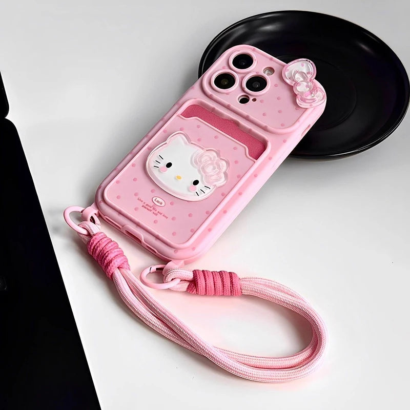 Kawaii Hello Kitty 3D Bow Phone Case with Card Holder & Lanyard – Protective Cover for iPhone 11, 12, 13, 14, 15, 16 & 17 Pro Max