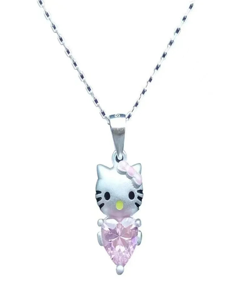 Hello Kitty Pink Crystal Necklace – Kawaii Sanrio Silver-Tone Charm Pendant Jewelry for Women & Girls