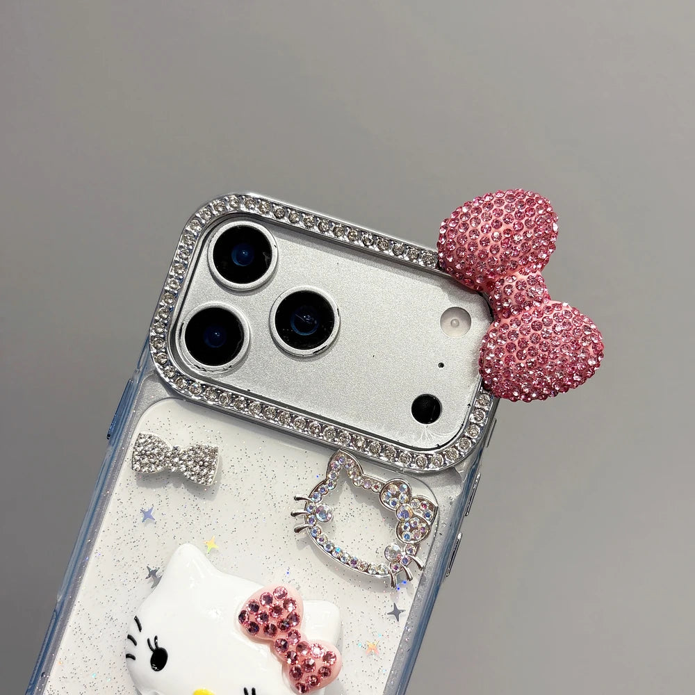 Cute Cartoon Sanrio Hello Kitty Bling Glitter Diamond Phone Case For iPhone 17 16 15 14 13 12 11 Pro Max Shockproof Hard Cover