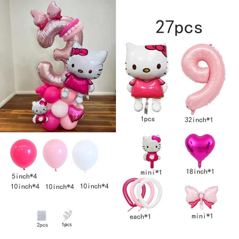 Hello Kitty Number Foil Balloon Set, Cute Cartoon Bubble Mart, Kids Birthday Party Decoration, Room Decor