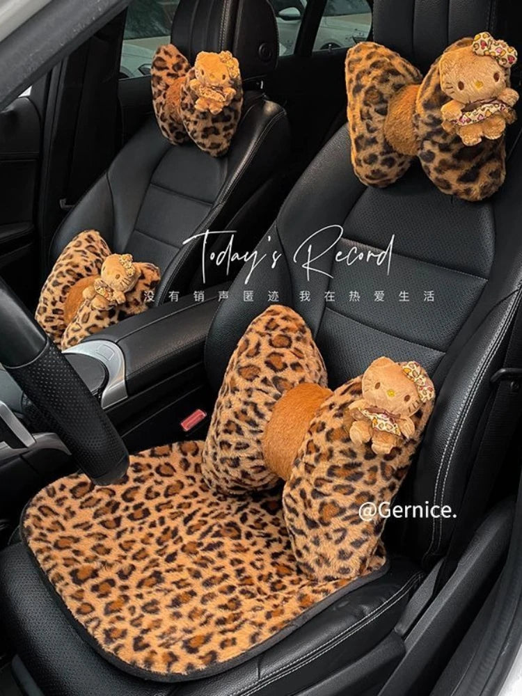 Hello Kitty Car Headrest Neck Pillow Seat Leopard Print Cushion Car Accessory for Girls Car Pillow Lumbar Support Accessories