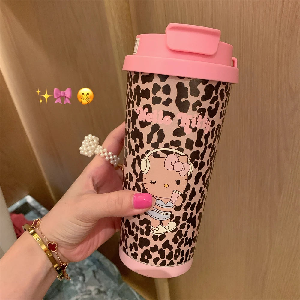 Cartoon Leopard HelloKitty Mug Stainless Steel Student Straw Double-drinking Large-capacity Coffee Cup Lovely Birthday Gift