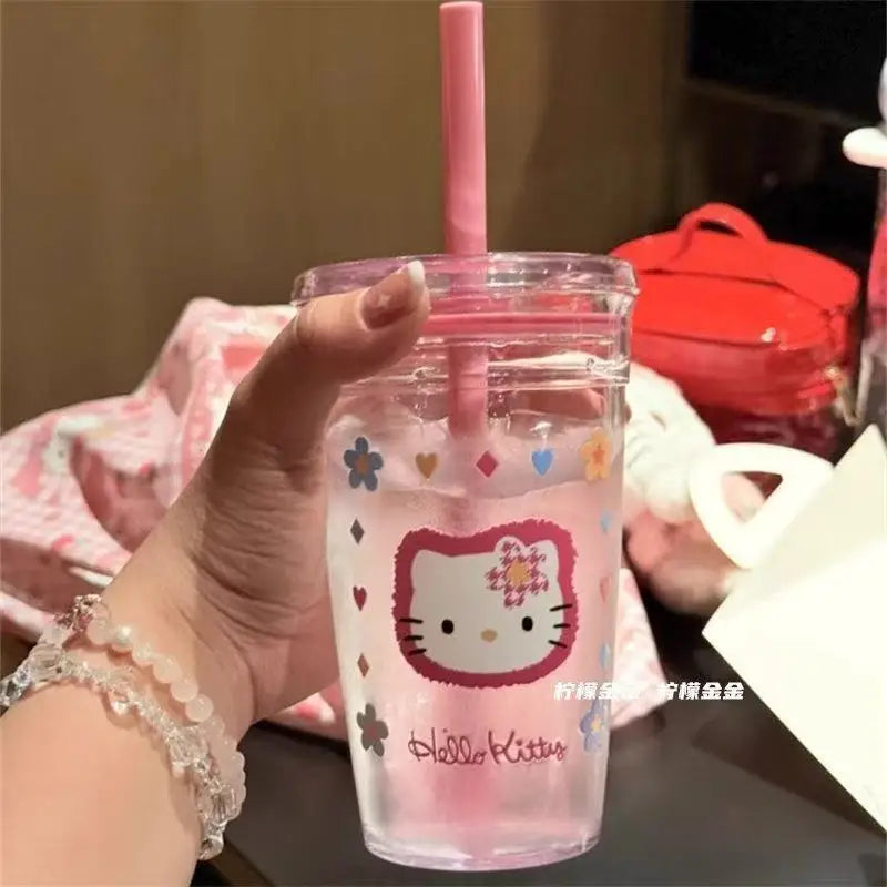Anime Hello Kitty Pink Straw Cup KT Cat Large-Capacity Transparent Plastic Water Cup Kawaii Plastic Portable Cup Birthday Gifts