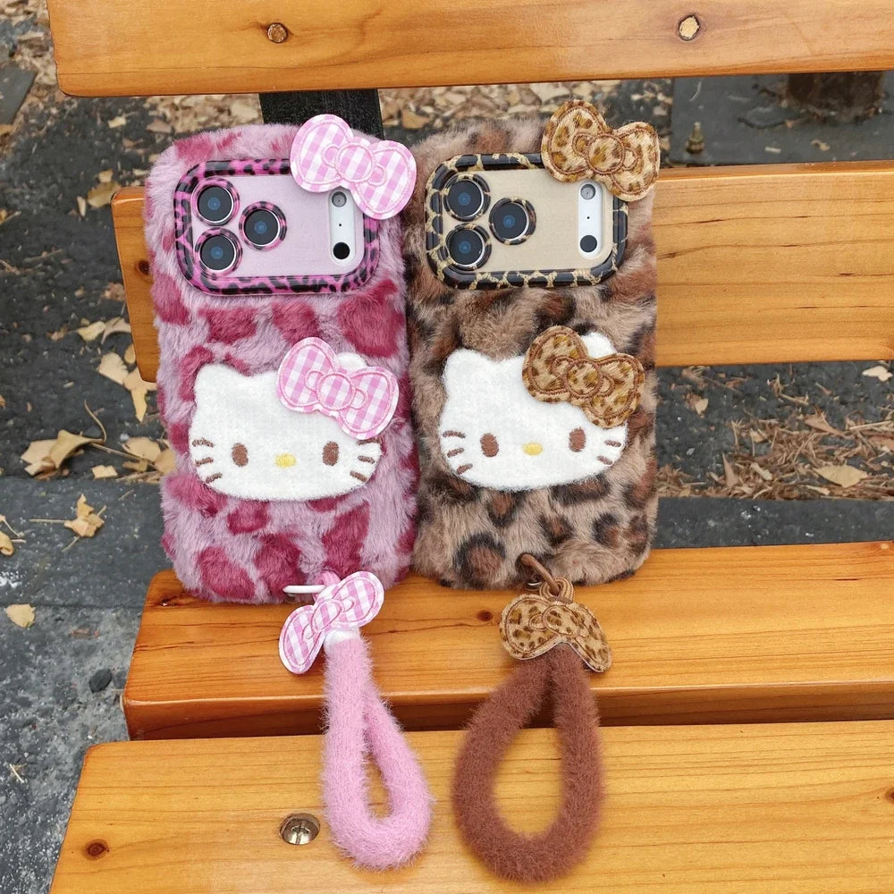 Cute Cartoon Sanrio Hello Kitty Leopard print Furry Warm Winter Plush Phone Case For iPhone 17 16 15 14 13 12 11 Pro Max Cover