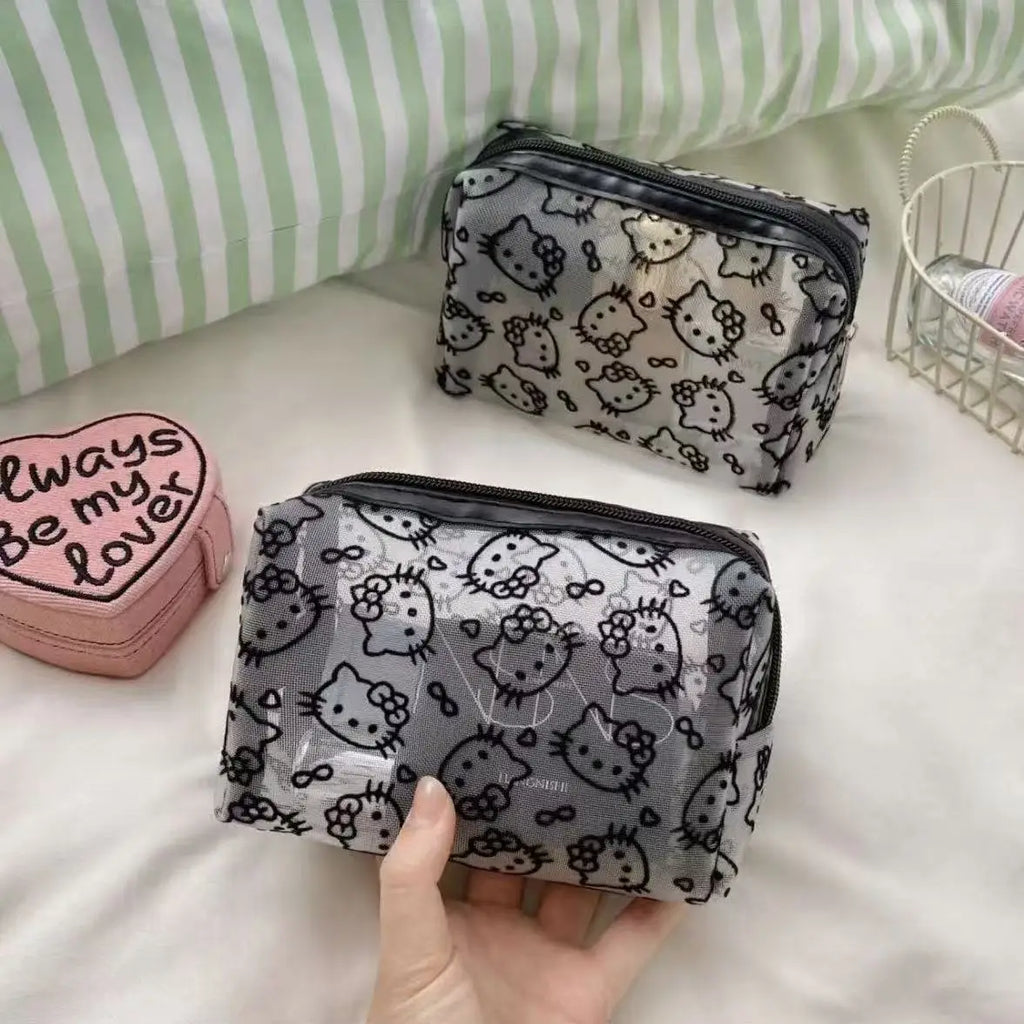 Hello Kitty Printed Transparent Mesh Makeup Bag – Large Capacity Travel Cosmetic Organizer