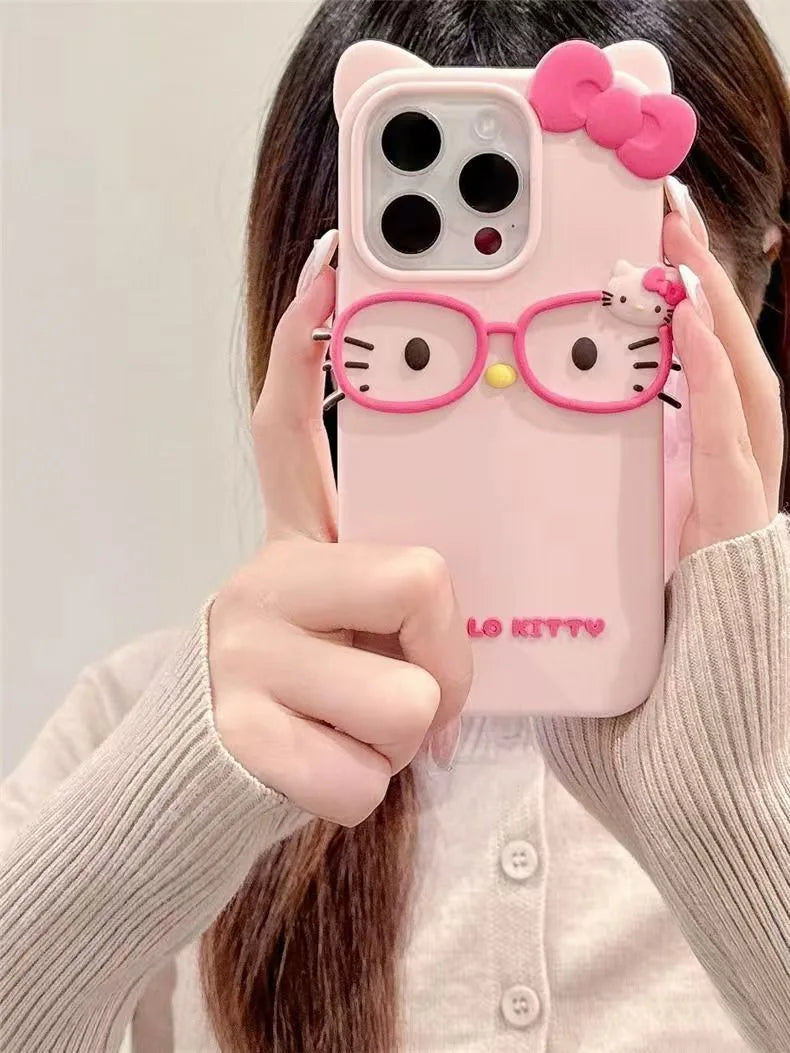 Hello Kitty 3D Glasses Cat Silicone Phone Case – Cute Shockproof Cover for iPhone 4/4S, 5/5S, SE, 7, 8, 11, 12 Mini, 13, 14, 15 Plus, 16 & 17 Pro Max