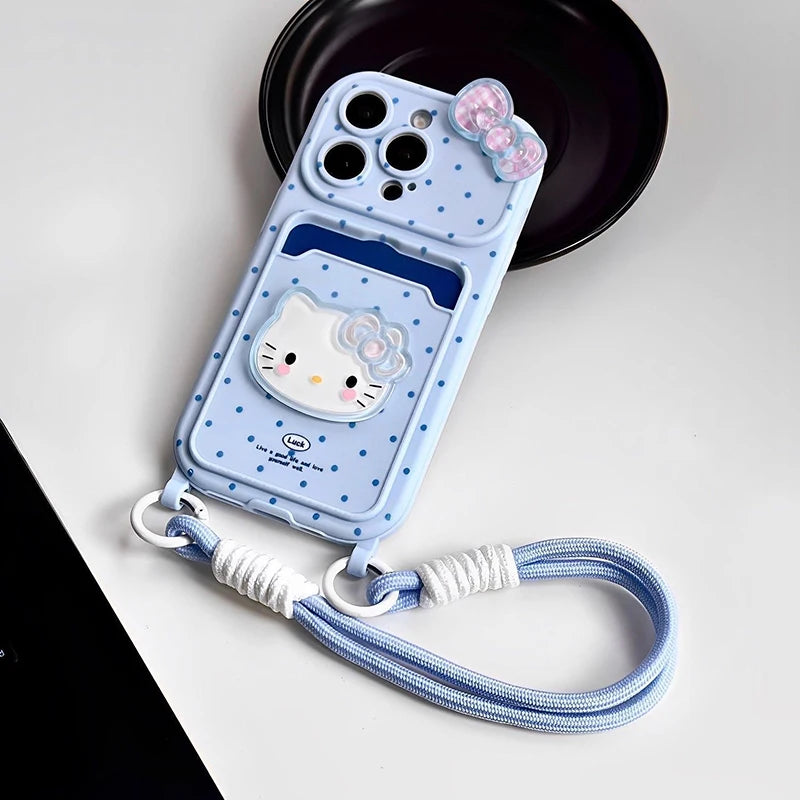 Kawaii Hello Kitty 3D Bow Phone Case with Card Holder & Lanyard – Protective Cover for iPhone 11, 12, 13, 14, 15, 16 & 17 Pro Max