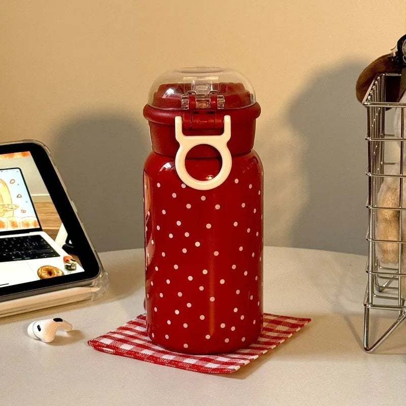 Hello Kitty Retro Red Polka Dot Thermos Cup – 316 Stainless Steel Vacuum Travel Water Bottle for Students