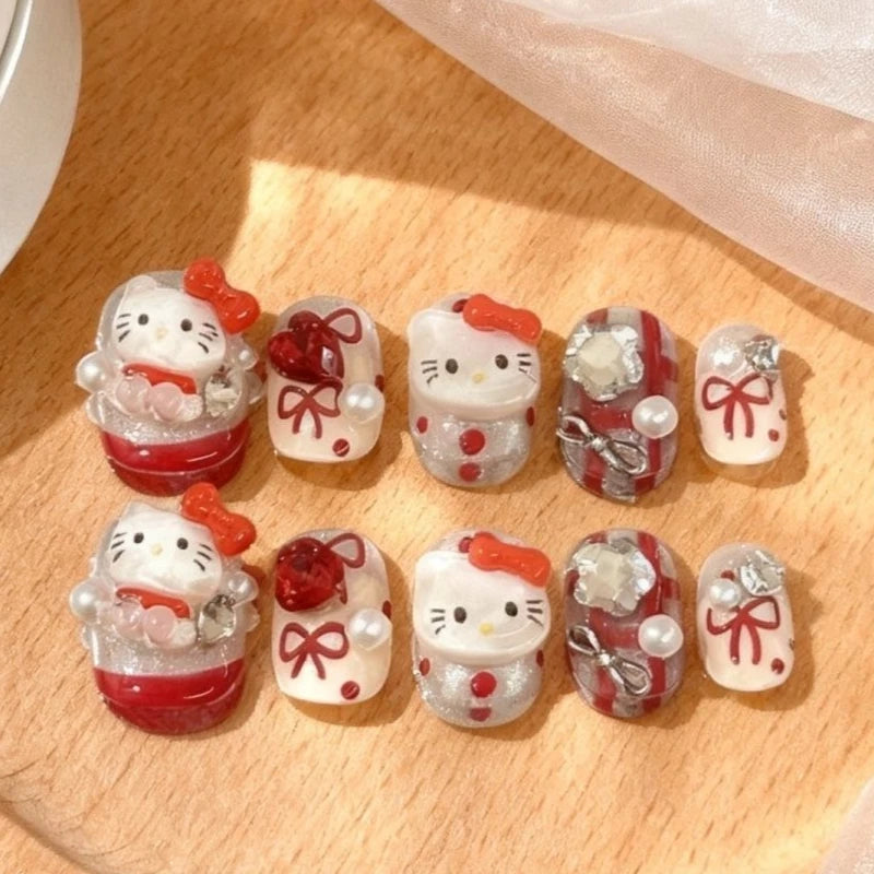 Hello Kitty Handmade Press-On Nails – Pink My Melody & Cinnamoroll Anime Nails – Detachable 3D Nail Art Decoration Set