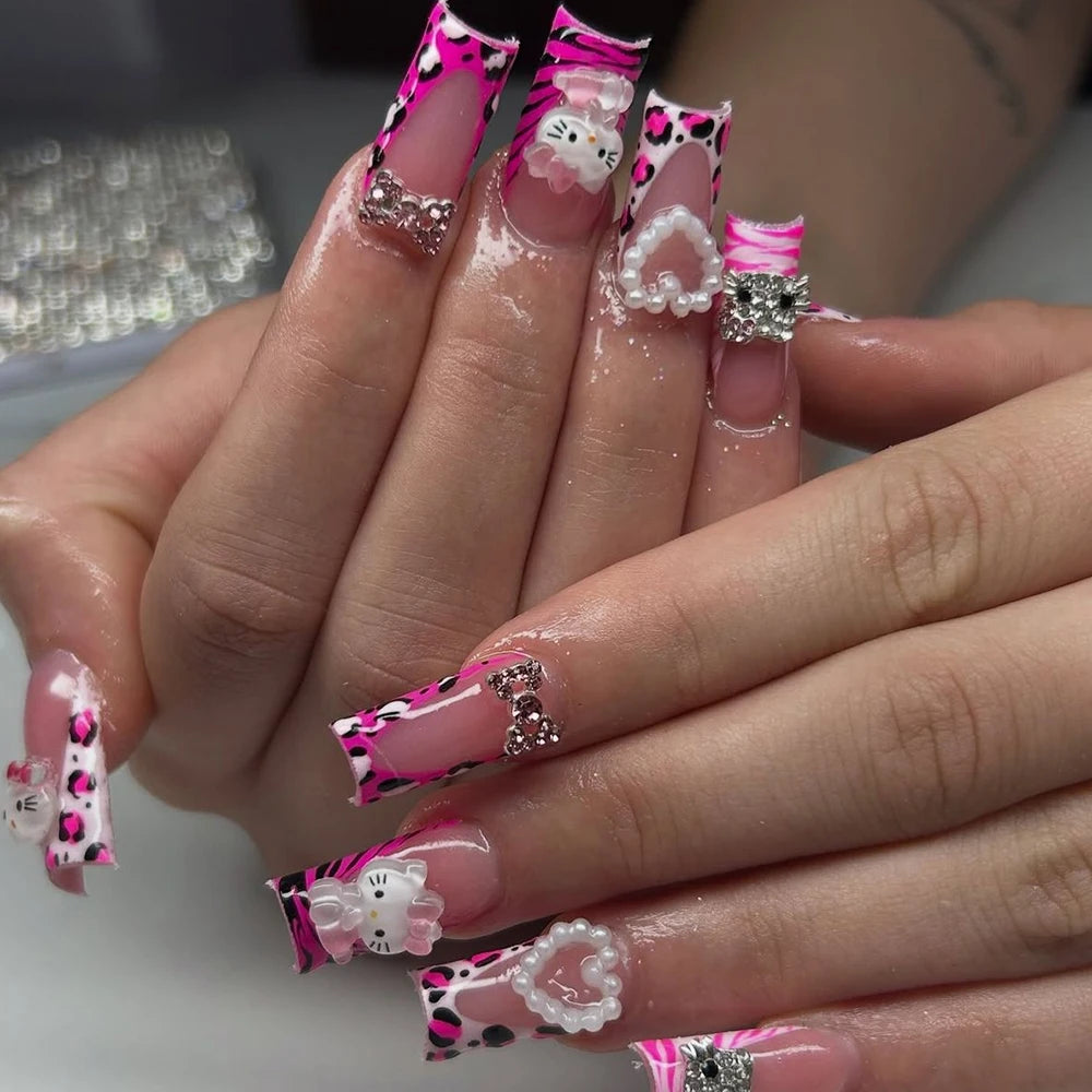 24Pcs 3D Hello Kitty Pearl Bow Press-On Nails – Medium Pink French Tip Nails – Cartoon Wearable Nail Set for Women