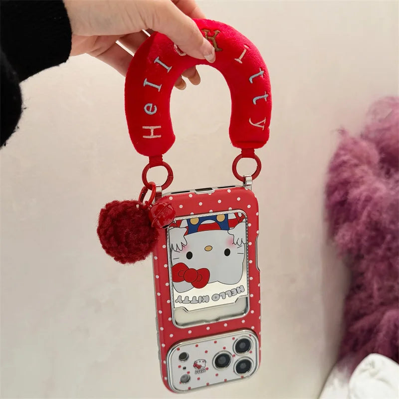 Hello Kitty Red Mirror Phone Case with Card Slot & Plush Wrist Strap – Cute Protective Cover for iPhone 13, 14, 15, 16 & 17 Pro Max