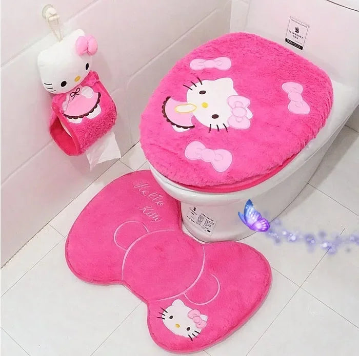 Hello Kitty 3-Piece Toilet Seat Cushion Set – Sanrio Plush Winter Bathroom Cover Set for Home Use
