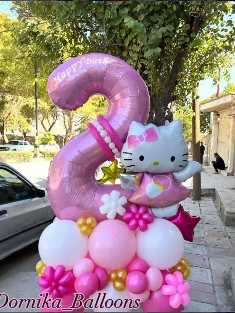 53-piece Hello Kitty-themed balloon set in pink foil and latex—perfect for baby showers, kids’ and girls’ birthdays, and holiday