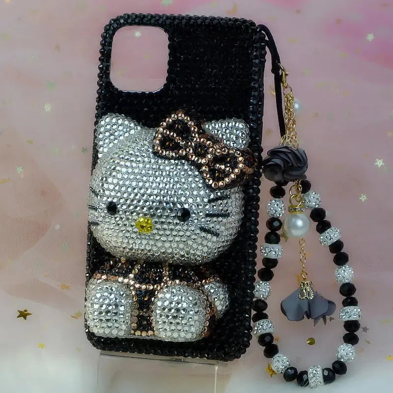 Hello Kitty Rhinestone Bling Crystal Phone Case Chain For iPhone17 16 15 14 13 12 11Pro Max X Xs XR 7 8 Plus Transparent Bumper