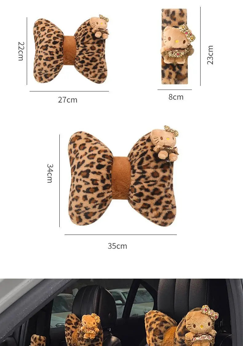 Hello Kitty Car Headrest Neck Pillow Seat Leopard Print Cushion Car Accessory for Girls Car Pillow Lumbar Support Accessories