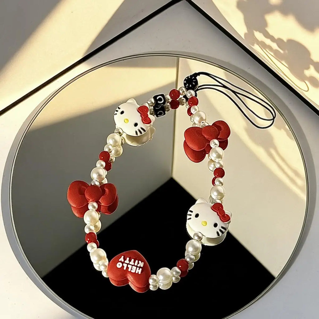 Cute Hello Kitty Beaded Phone Lanyard – Girly Phone Charm Strap & Anti-Lost Mobile Phone Chain