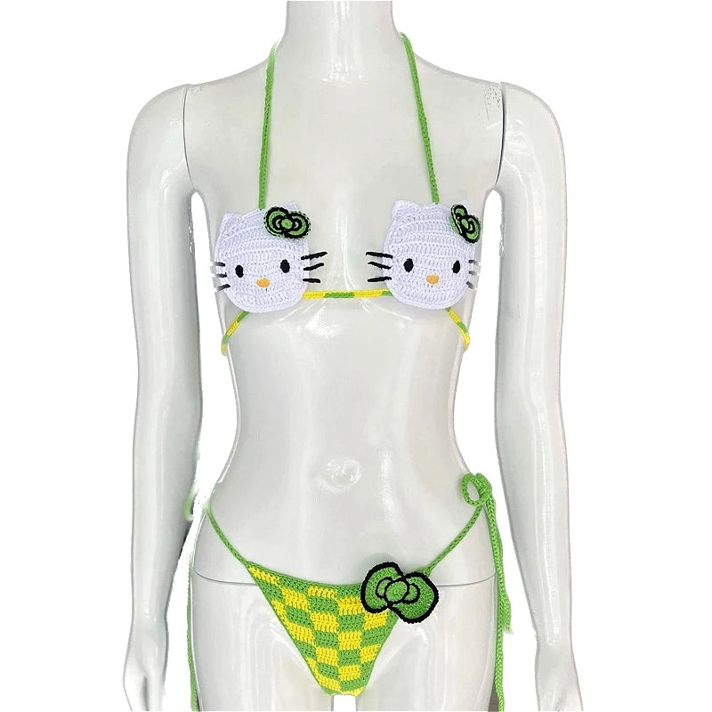 Hello Kitty Inspired Crochet Micro Bikini Set – Cute Kawaii Beachwear for Women