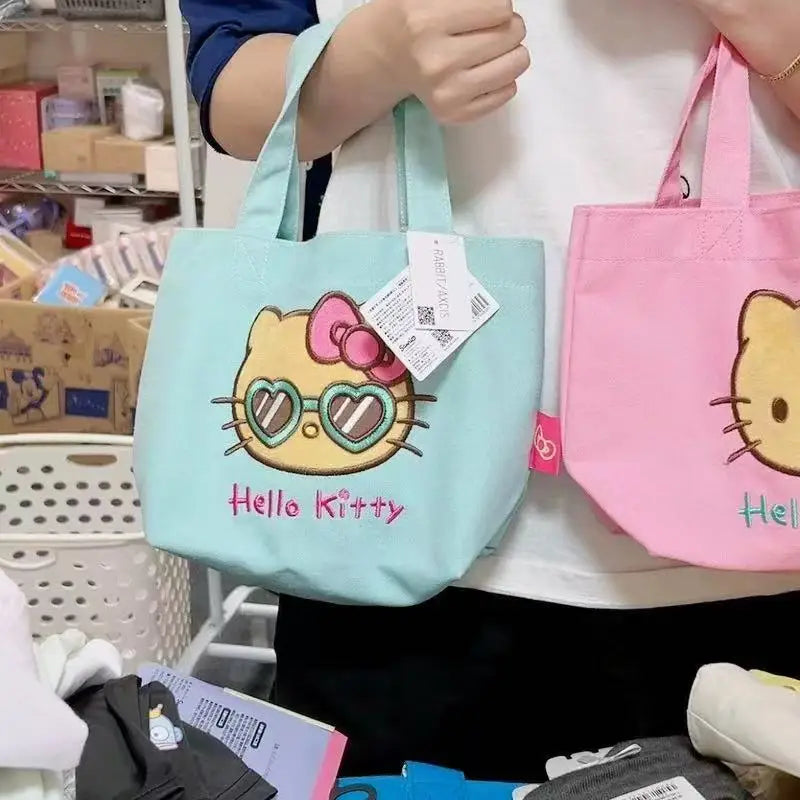 Hello Kitty Embroidered Canvas Tote Bag – Contrast Color Commuter Handbag for Everyday Use
