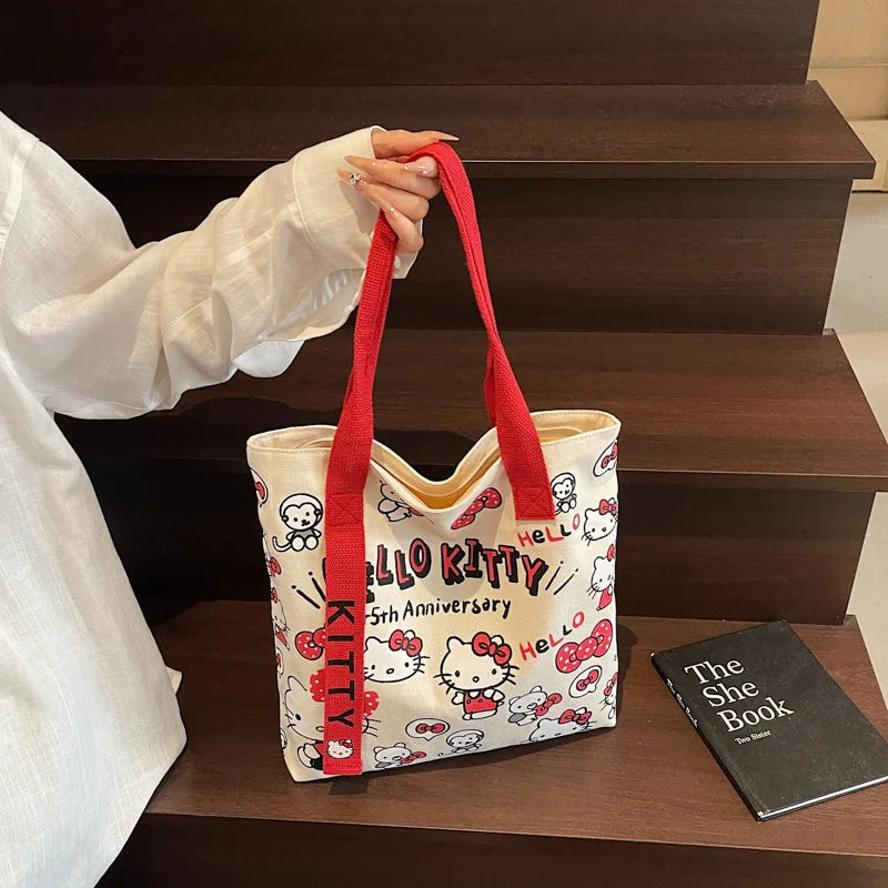 Kawaii Sanrio Hello Kitty Canvas Shoulder Bag - Large Capacity Handbag Backpack Schoolbag Gift for Girls Birthday