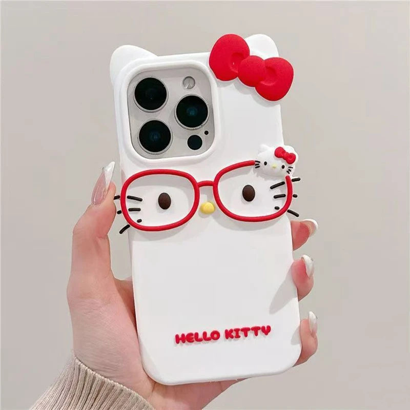 Hello Kitty 3D Glasses Cat Silicone Phone Case – Cute Shockproof Cover for iPhone 4/4S, 5/5S, SE, 7, 8, 11, 12 Mini, 13, 14, 15 Plus, 16 & 17 Pro Max