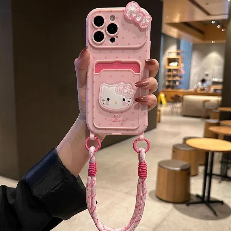 Kawaii Hello Kitty 3D Bow Phone Case with Card Holder & Lanyard – Protective Cover for iPhone 11, 12, 13, 14, 15, 16 & 17 Pro Max