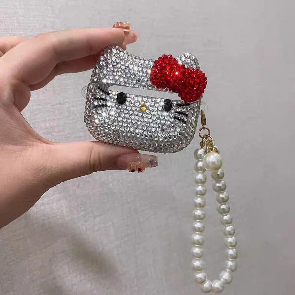 Hello Kitty Rhinestone Bling AirPods Case – Crystal Protective Cover with Keychain for AirPods Pro & AirPods