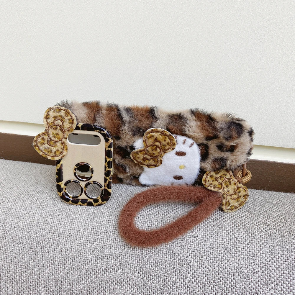 Cute Cartoon Sanrio Hello Kitty Leopard print Furry Warm Winter Plush Phone Case For iPhone 17 16 15 14 13 12 11 Pro Max Cover