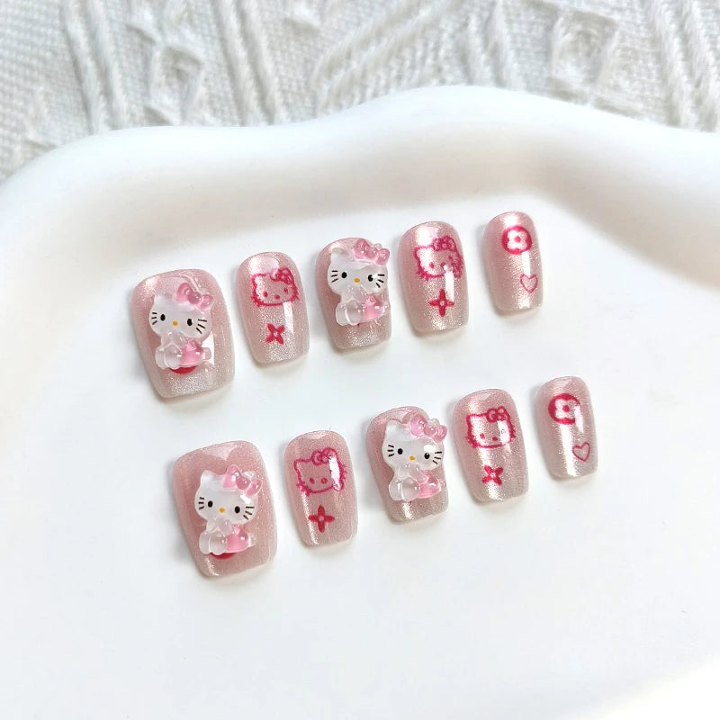 10Pcs Hello Kitty Press-On Nails – Cat Eye French Short False Nails – Handmade Wearable Manicure Nail Tips Set for Girls