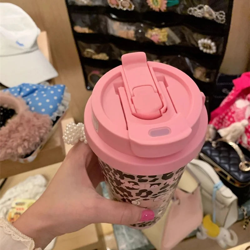 Cartoon Leopard HelloKitty Mug Stainless Steel Student Straw Double-drinking Large-capacity Coffee Cup Lovely Birthday Gift