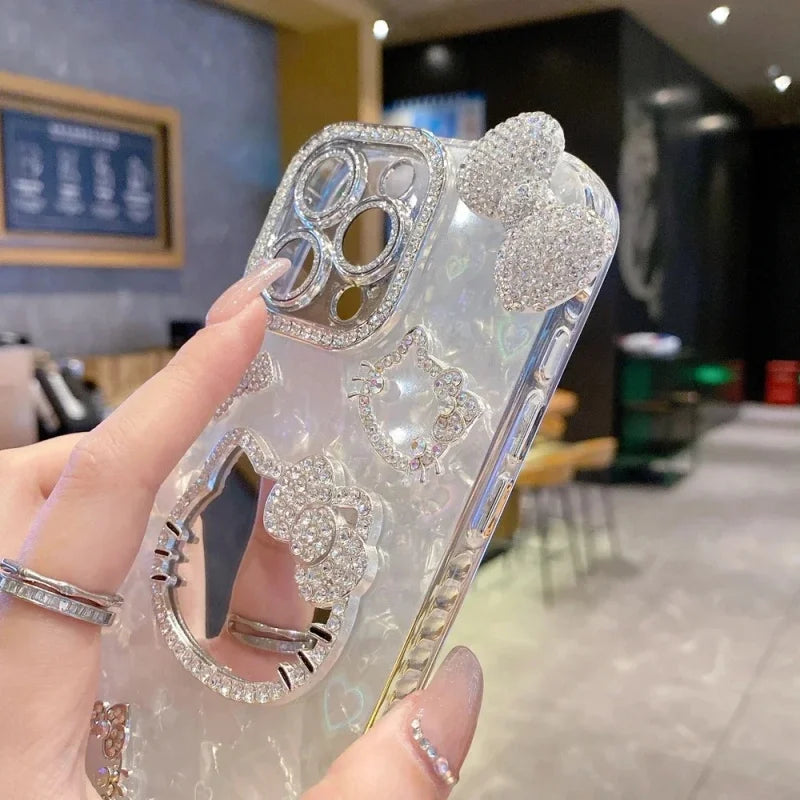 Luxury Makeup Mirror Glitter 3D Cute Cartoon Hello Kitty Sparkling Phone Case For iPhone12 13 14 15 16 17 Pro Max Plus Cover