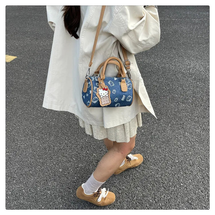 2026 Hello Kitty Denim Print Crossbody Bag – Kawaii Fashion Handbag for Women & Girls