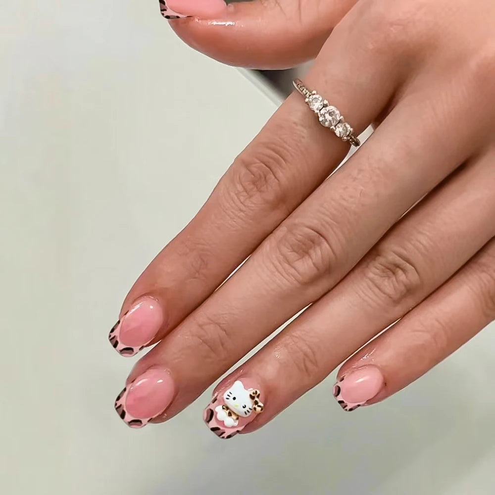 24Pcs 3D Hello Kitty Pearl Bow Press-On Nails – Medium Pink French Tip Nails – Cartoon Wearable Nail Set for Women