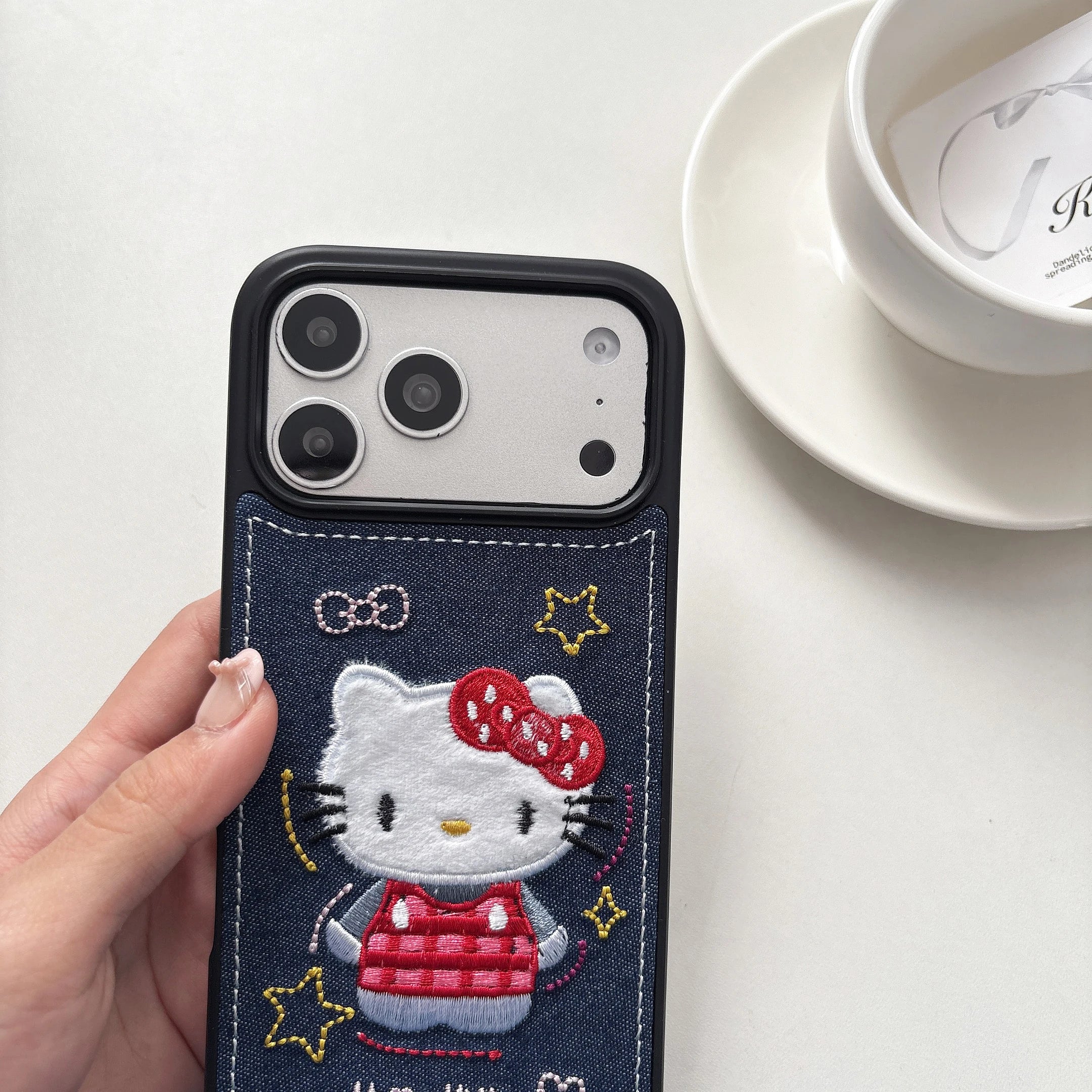 Luxury Denim Leather Pattern Cartoon Hello Kitty Case For iPhone 17 15 14 Pro Max 17 Pro Love Heart Stars Style Shockproof Cover