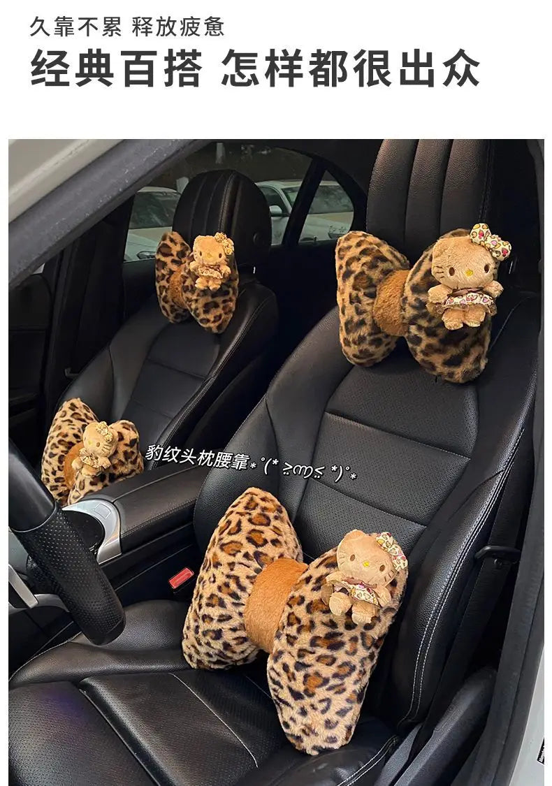 Hello Kitty Car Headrest Neck Pillow Seat Leopard Print Cushion Car Accessory for Girls Car Pillow Lumbar Support Accessories