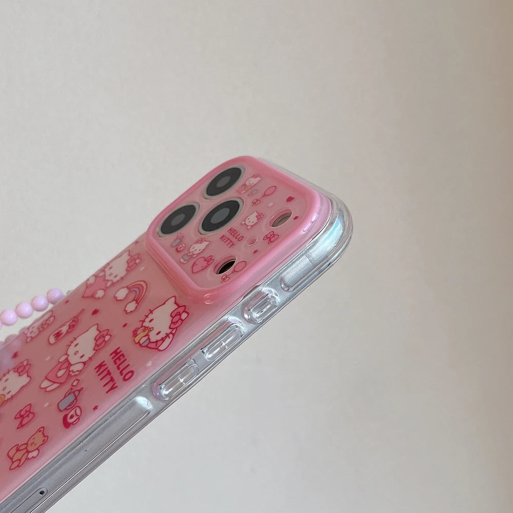 Cute Hello Kitty Illustration Phone Case with Lanyard – Shockproof Hard Cover for iPhone 13, 14, 15, 16 & 17 Pro Max