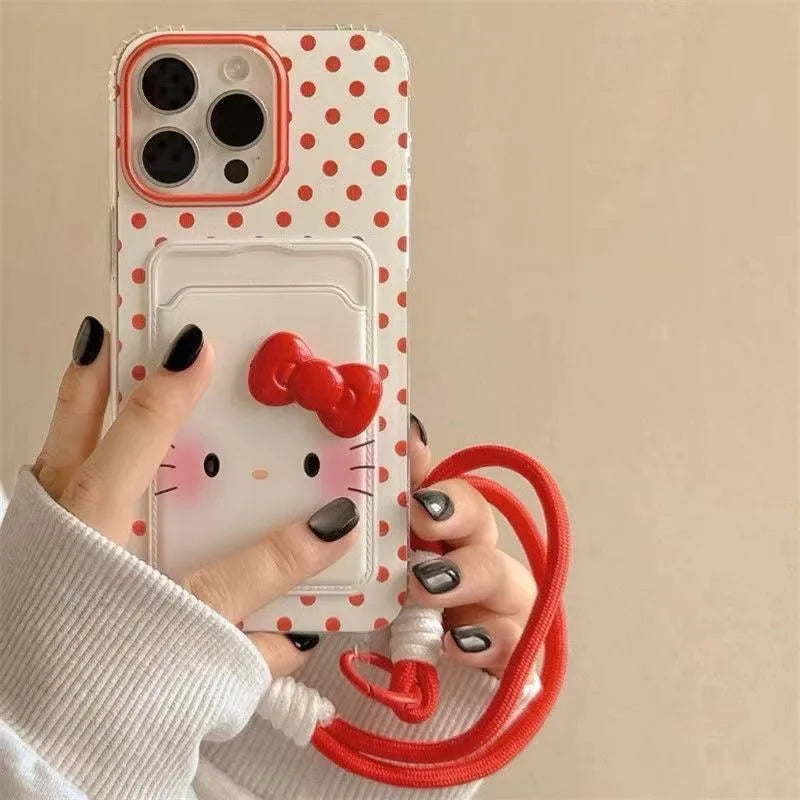 Hello Kitty Bow Phone Case with Card Holder & Lanyard – Cute Cartoon Cover for iPhone 7/8, X/XS, XR, 11, 12 Mini, 13, 14, 15, 16 & 17 Series