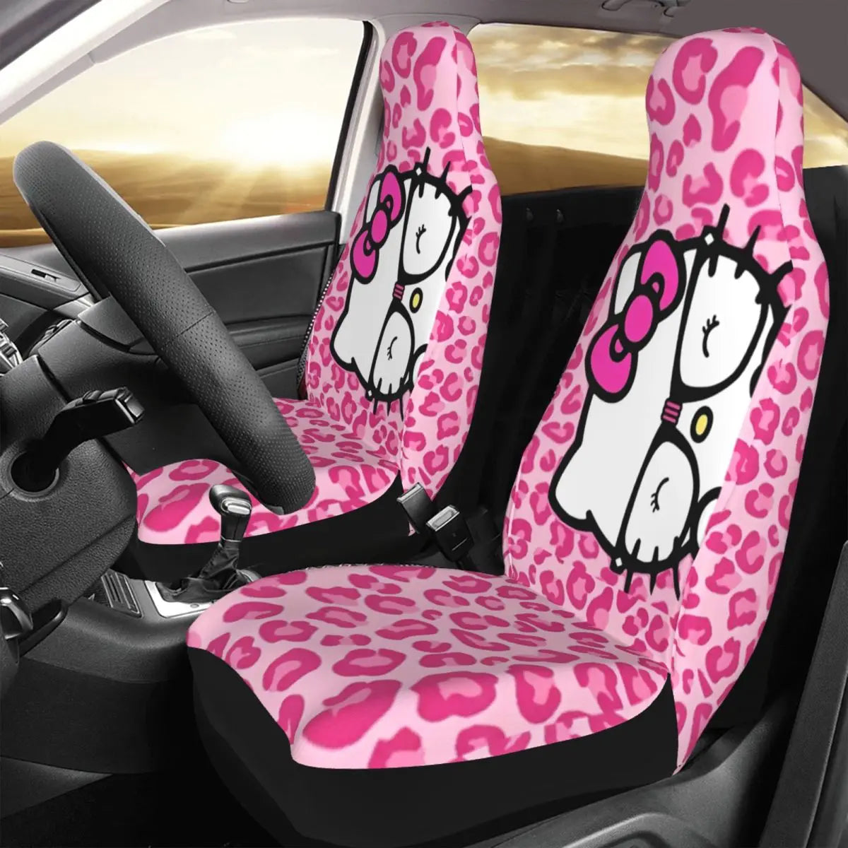 Hello Kitty Pink Leopard Car Seat Cover – Universal Four Seasons Seat Protector Cushion for Cars